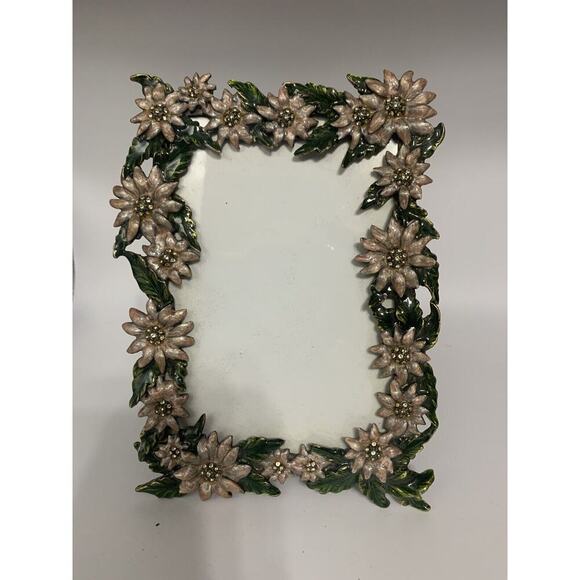 Vintage Metal Enamel Blue Rhinestones & Flowers Photo Frame Easel Holds 4X6” - Picture 1 of 6